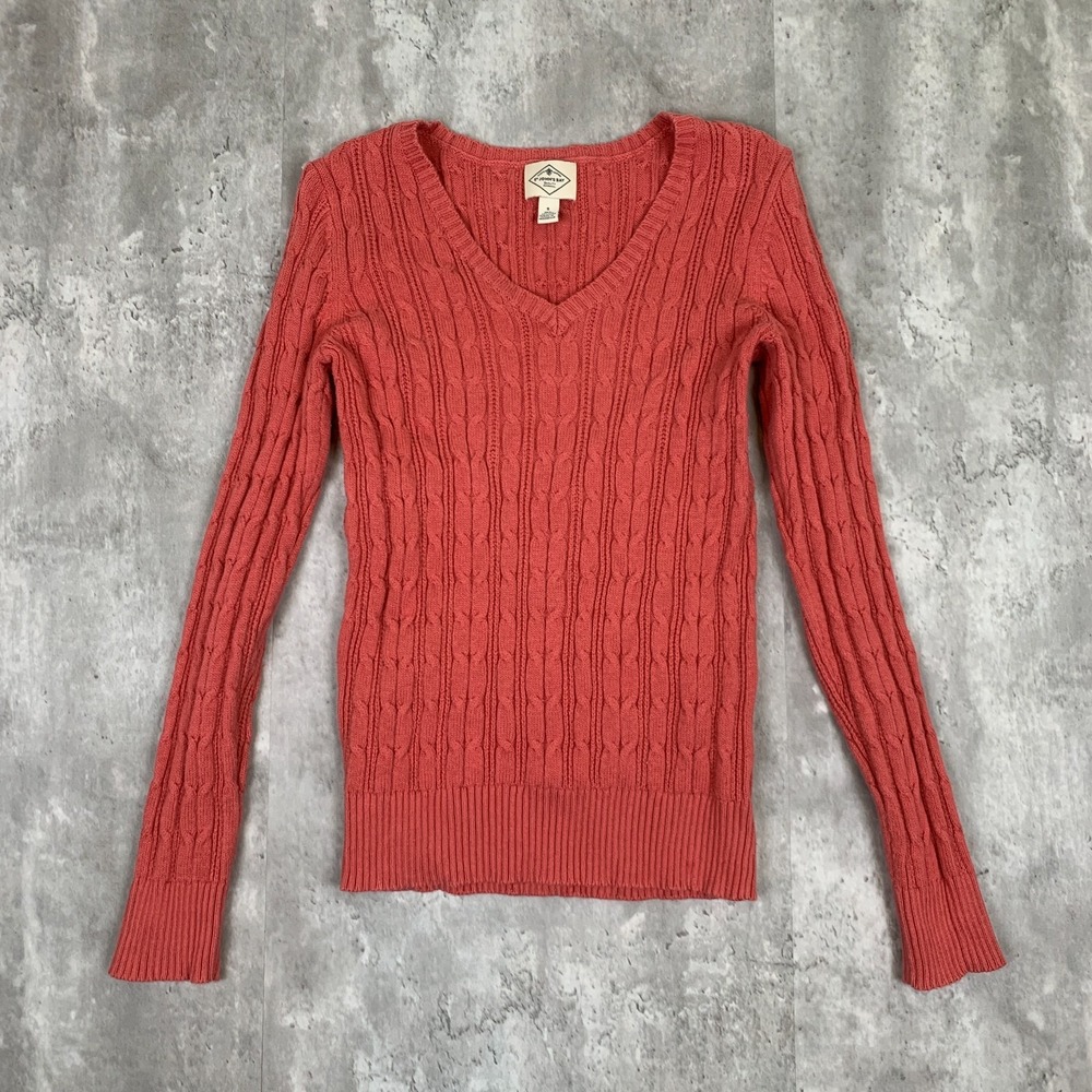 St. Johns‎ Bay Sweater Womens Small Orange Cable Knit Preppy Swan Pullover